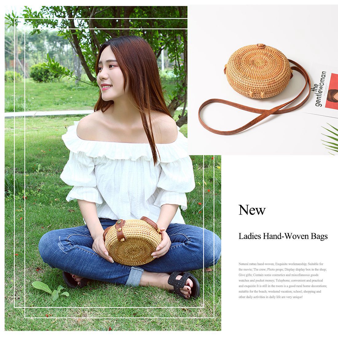 Ins Dames Hand-Geweven Zak Ronde Rotan Retro Literaire Hand Geweven Lederen Gesp Pakket Bohemen Strand Messenger tas