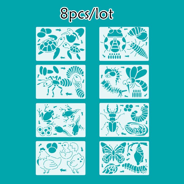 Animal Life Cycle Drawing Stencil Chicken Turtle Ant Frog Mosquito Butterfly Ladybug Model Art Painting Template Educational Toy: 8pcs Stencils