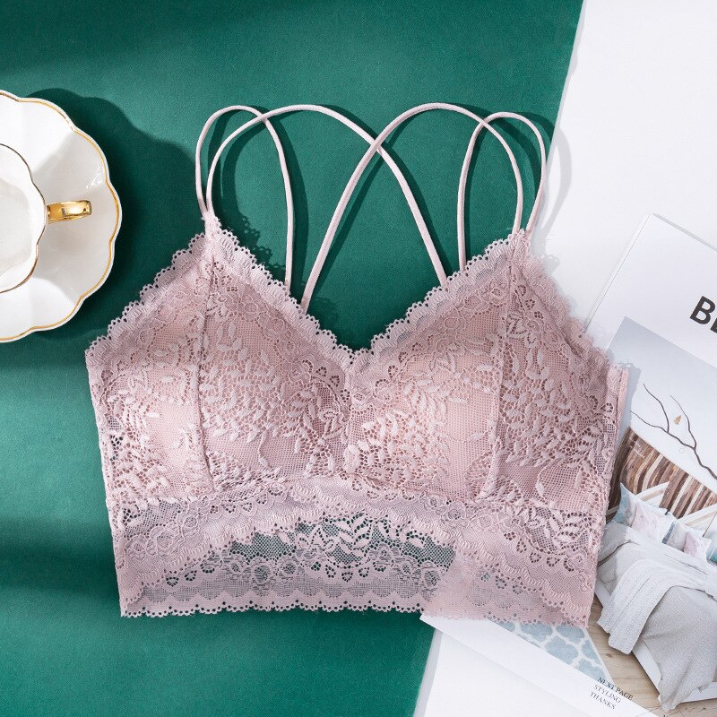 Nyeste blomstrede blonde bh'er til kvinder sexet lingeri dyb v blonde bralette kvindelig brystholder wire fri tyndt undertøj push up bh sort: Lyserød