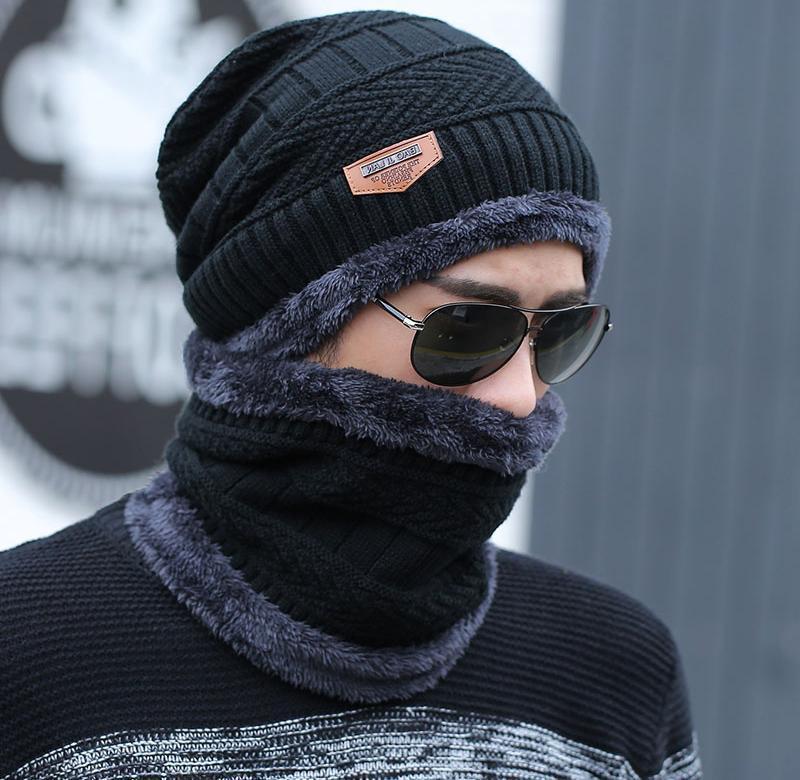 Vinterhatter skullies beanies lue vinter beanies til menn kvinner ull skjerf caps balaclava maske gorras panser strikket lue: Svart