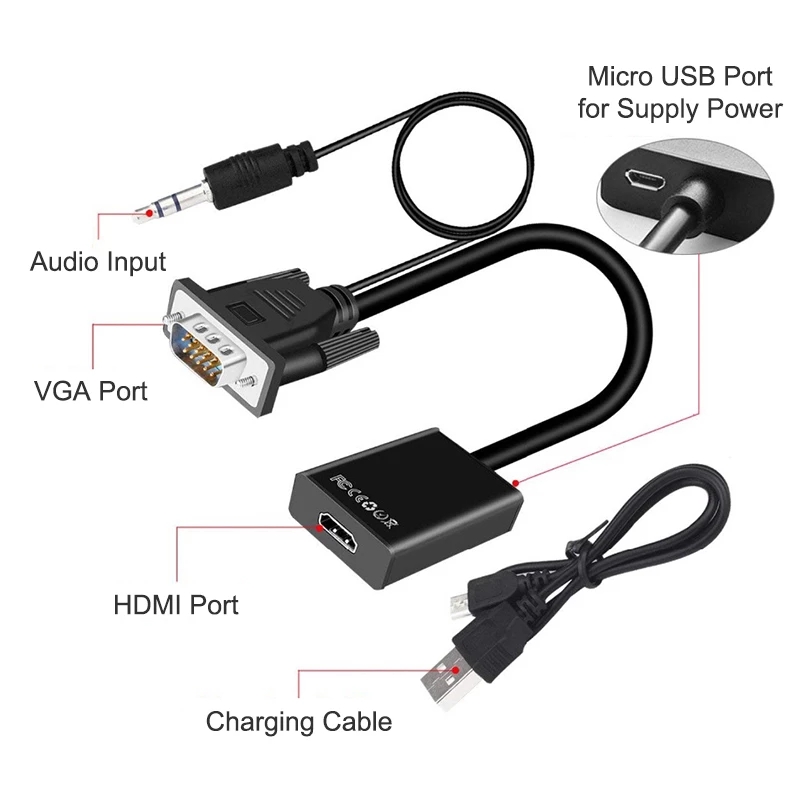 VGA to HDMI Cable Adapter Male to Female Converter With Audio Output 1080P VGA HDMI Adapter for PC laptop to HDTV Projector