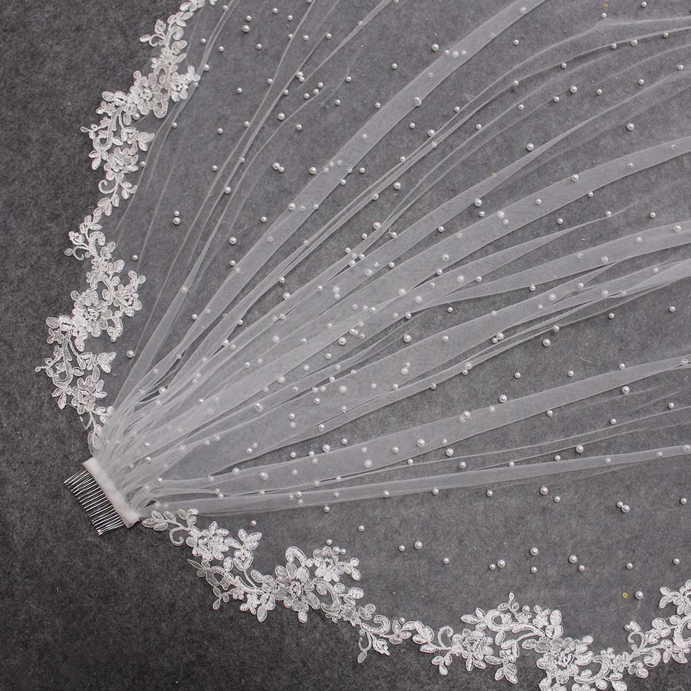 Perlen Hochzeit Schleier mit Spitze Appliques Rand 2,5 Meter Lange Braut Schleier mit Kamm 250CM Schleier für braut