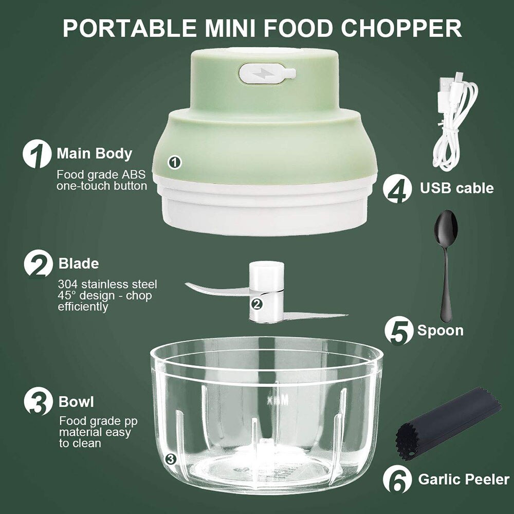 Groen/Wit Mini Keukenmachine Usb Opladen Krachtige Motor Gember Stamper Chili Vleesmolen Keuken Voedsel Mixer Gereedschappen 100/250Ml
