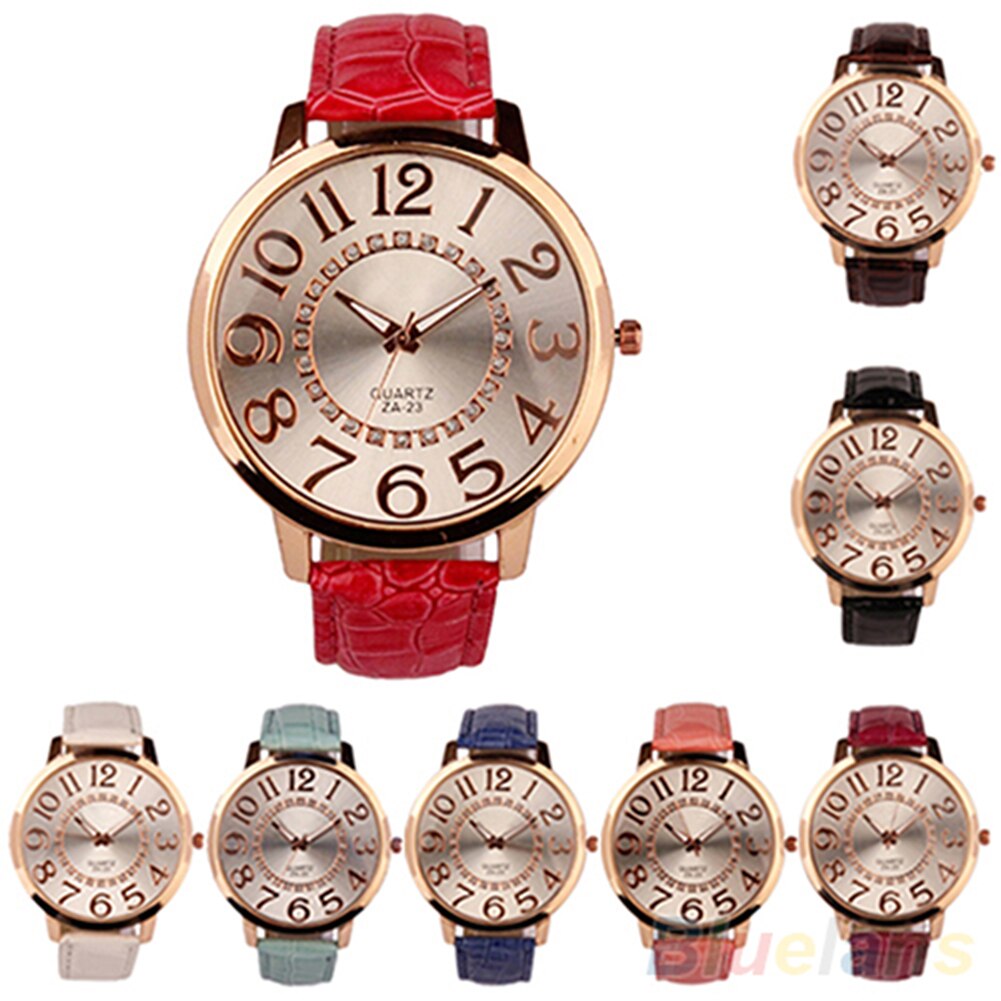 7 farver mænd kvinder store arabiske tal rhinestone indlagt kunstlæder rundt kvarts analogt armbåndsur ægte ingen vandtæt ！！