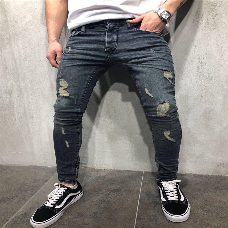 S -4xl drenge herre ripped jeans stretchy skinny slim fit denim bukser ødelagt flosset overskæg effekt bukser streetwear