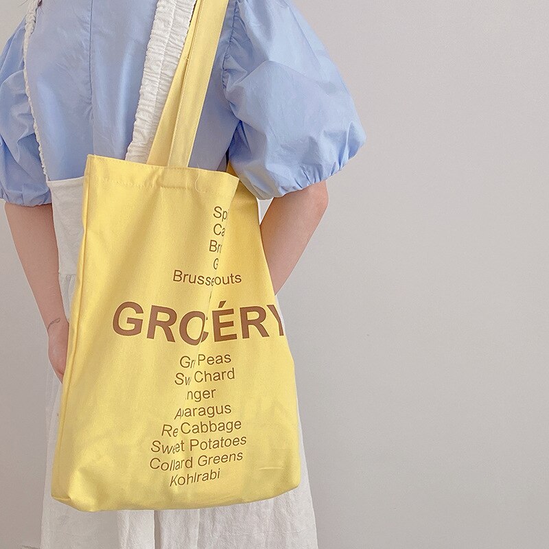 Kruidenier Lijst Winkelen Canvas Tas Dames Leuke Kleuren Schoudertas Voor Vrouwen Eco Herbruikbare Katoenen Doek Stof Tote Handtas: Yellow