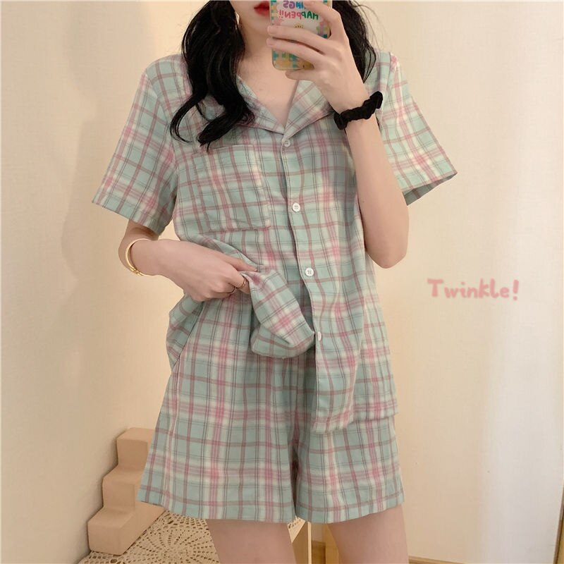 Pyjamassæt kvinder fransk stil plaid løst trendy sommer kortærmet dame todelt nattøj dejligt enkelt venner hjemmetøj: Xl