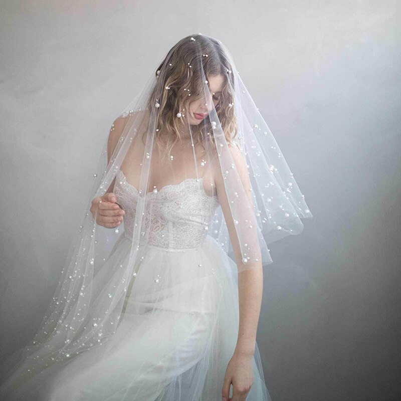 Romantische Lange Parels Bruiden Sluier met Kammen voor Vrouwen Tule Trouwjurk Accessoire