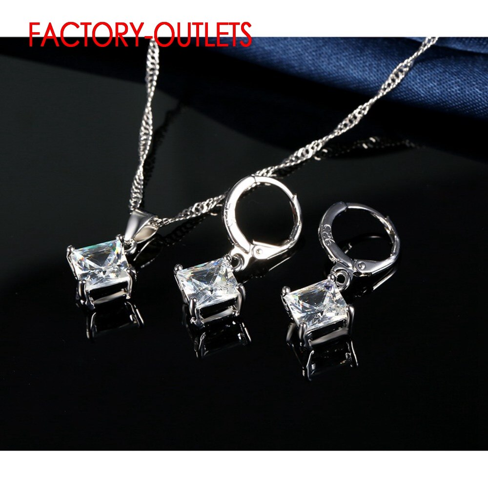 925 Sterling Silber Schmuck einstellen Klassische 4 Krallen Platz Kristall Halsketten Ohrringe Frauen Mädchen Engagement Jahrestag