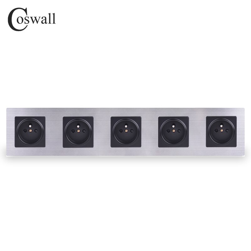 Coswall Rvs Panel 5 Gang Stopcontact 16A Franse Standaard Stopcontact Zilver Zwart Kleur Met Kind Beschermende Deur