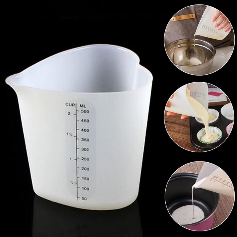 Utensilios medidores de cocina de 500ML, tazas medidoras de silicona, forma de corazón, espesar, suave, a prueba de aire, pinza Flexible para hornear pasteles