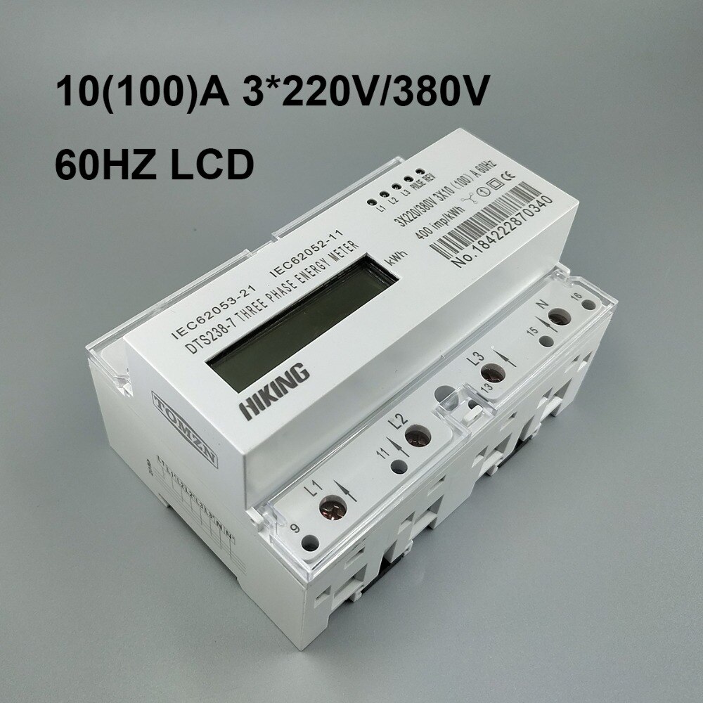 10(100)A 3*220V/380V 60HZ three phase Din rail KWH Watt hour din-rail energy meter LCD
