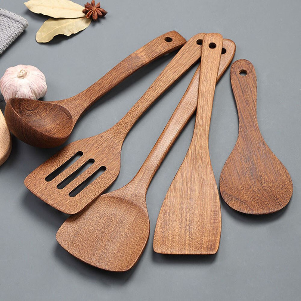 Wooden Kitchenware set Long handle Spatula Rice Scoop Vegetable Meat Cooking Shovel Mixing Spoons for Nonstick pan Kitchen Tools
