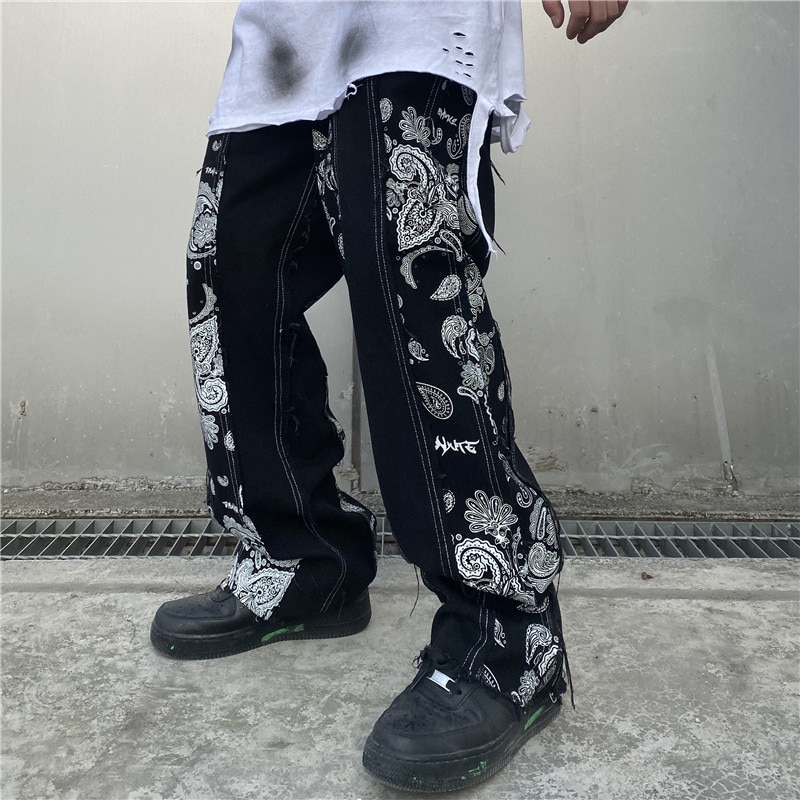 Cashew Print Patchwork Jeans Pants Men and Women Streetwear Straight Washed Harajuku Denim Trousers Loose Ripped Jeans for Men