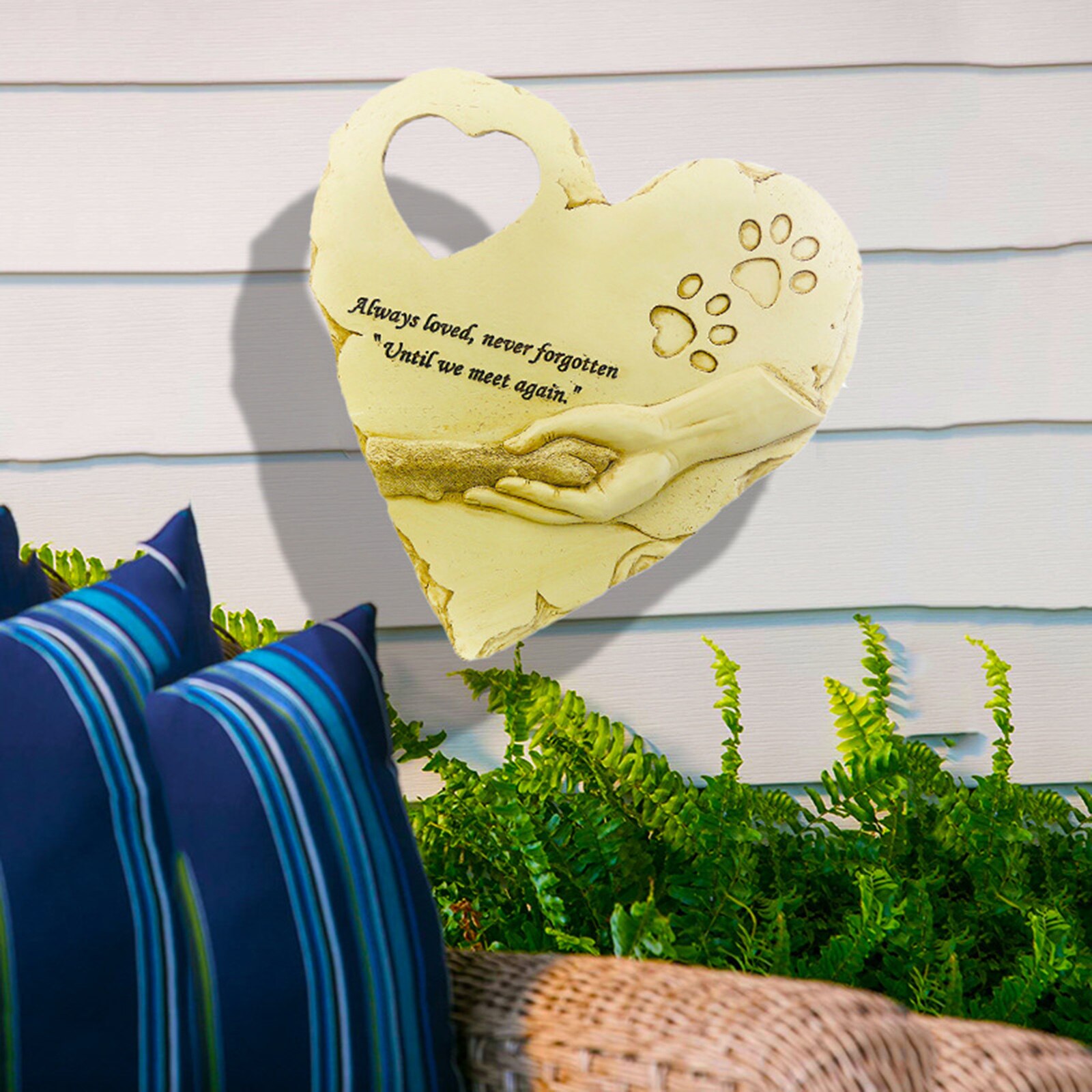 Engraved Pet Memorial Stone Heart-Shaped Paw Print Dog Headstone with Poem Photo Frame Outdoor Puppy Grave Marker
