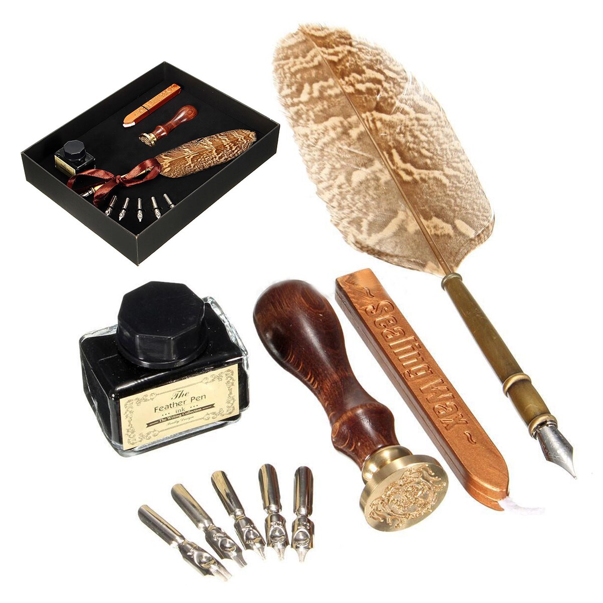 1 Set Antique Owl Feather Quill Dip Pen Writing Ink Set Stationery with Box