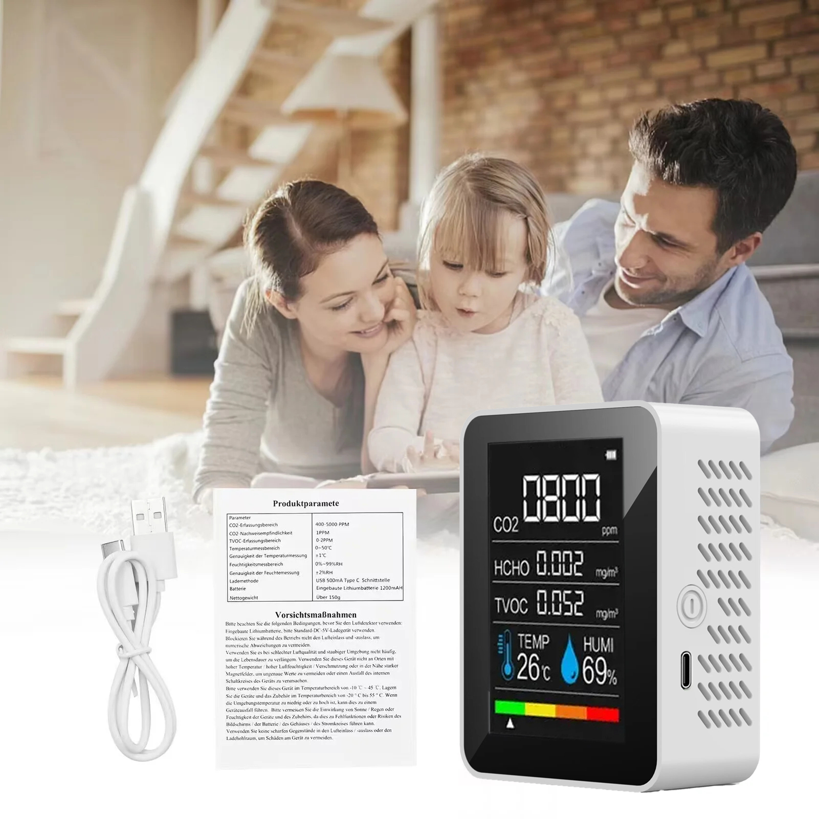 5- -i- -1 digital luftmåler tvoc formaldehyd  co2- tester med temperatur og fuktighet lcd-skjerm, oppladbar karbondioksid-luftdetektor