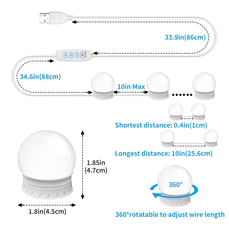 wie94-LED-Kosmetikspiegelleuchten mit 14 dimmbaren Glühbirnen, 10 Helligkeitsstufen einstellbar, für machen-hoch-Schreibtisch, Badezimmer, Ankleidezimmer