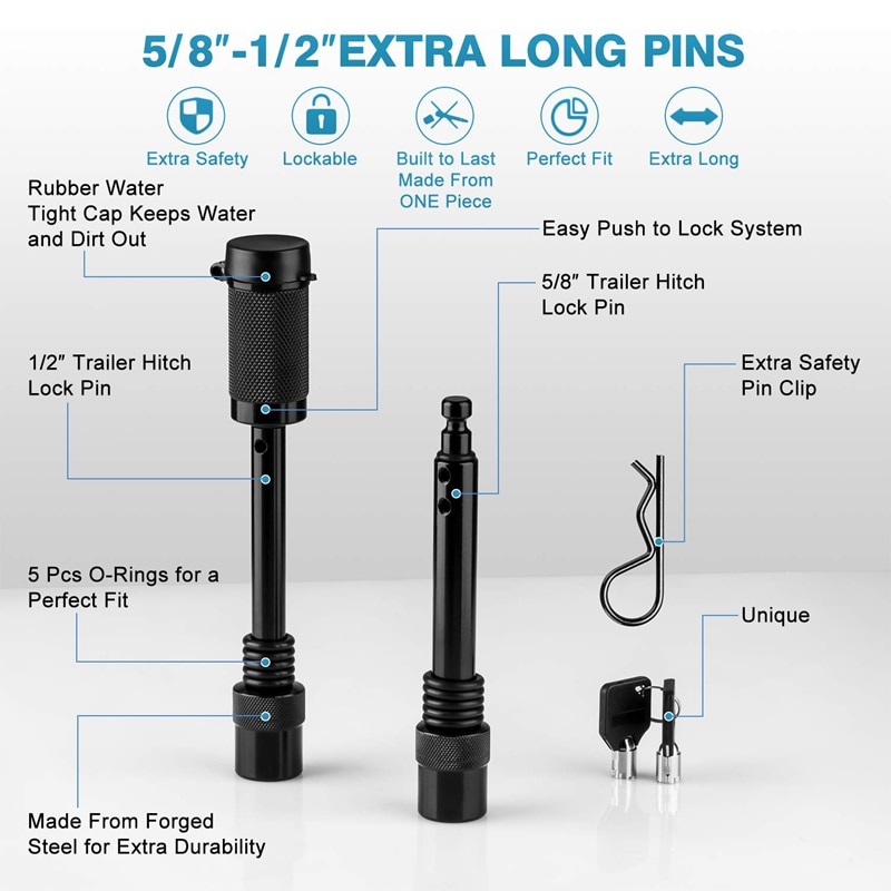 Heavy Duty Trailer Hitch Pin Lock 1/2 Inch and 5/8 Inch Receiver Hitch Pin Lock Set Anti-Rattle for Class I,II,III,IV,V Hitches