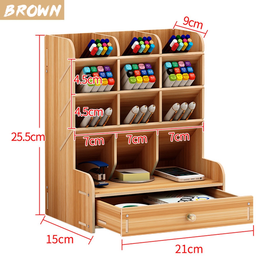 Wooden Desk Organizer Multi-Functional DIY Pen Holder Box Desktop Stationary Home Office Supply Storage Rack Convenient