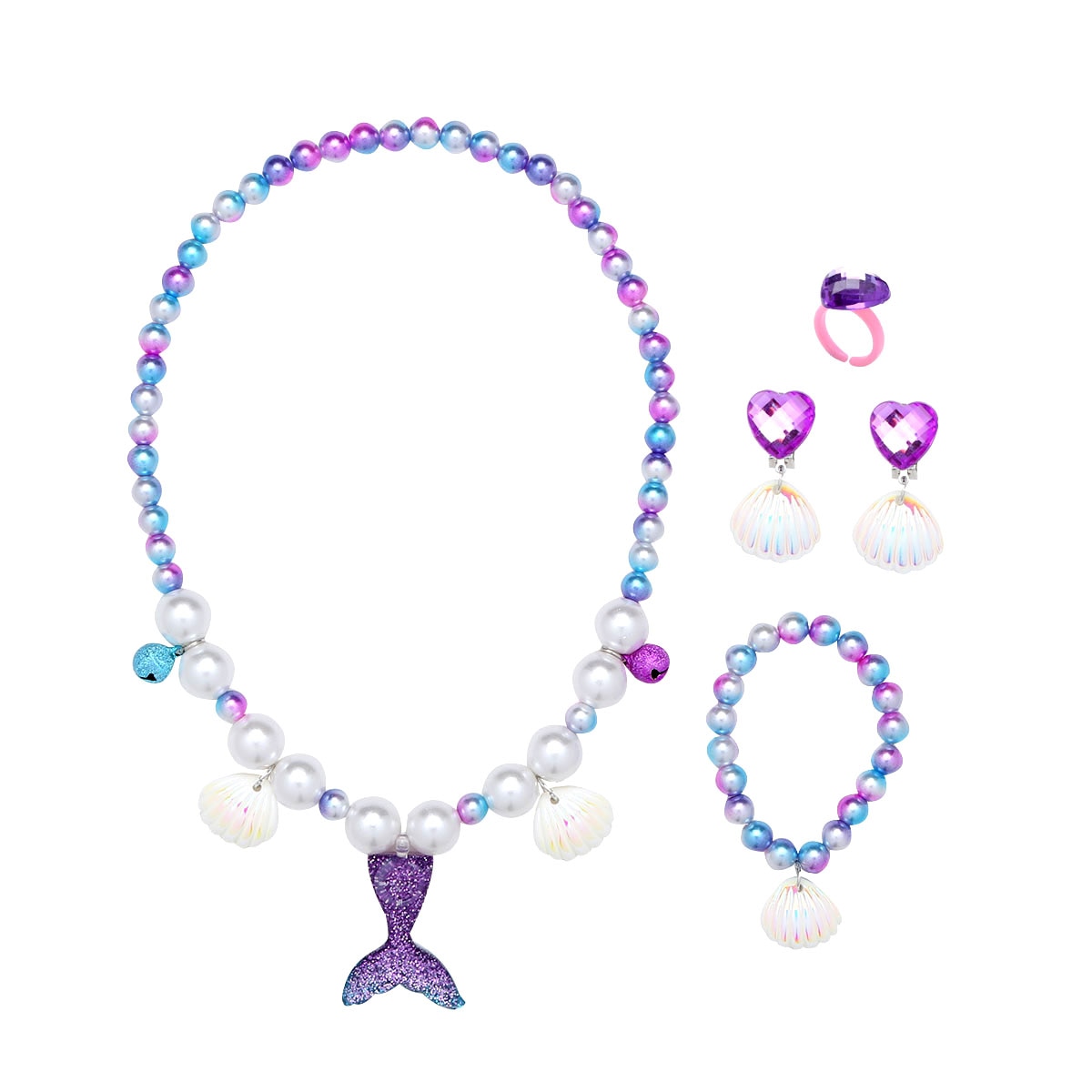 5pc barn jente paljett havfrue hale perle skall anheng halskjede armbånd øre klips ring sett jente havfrue tilbehør med bjeller