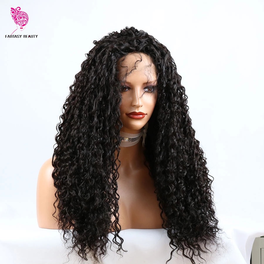 Black Color Curly Synthetic Lace Front Wig 180% Heavy Density Heat Resistant Fiber Long Curly Wigs For Black Women Daily Wear