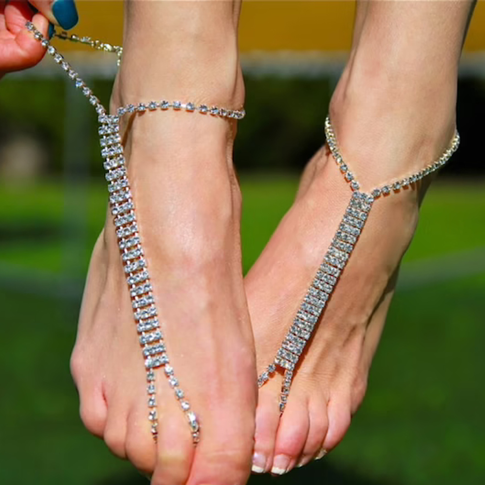 Tobillera de cristal bohemia para mujer, joyería para pie, pulsera con diamantes de imitación, cadena para tobillo y pie, anillo para el dedo del pie, sandalia descalza, accesorios de playa para mujer