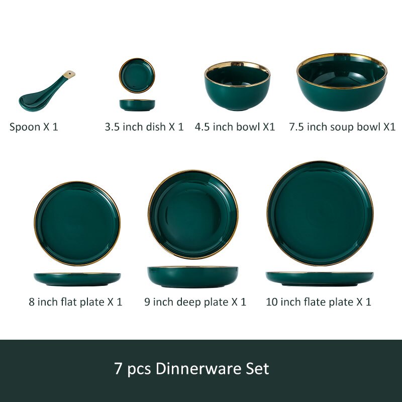 Luxury Plates and Bowls Dish Spoon Dinner Set with Glod Rim Ceramic Salad Ramen Bowl Deep Plate Crockery Green Dinnerware