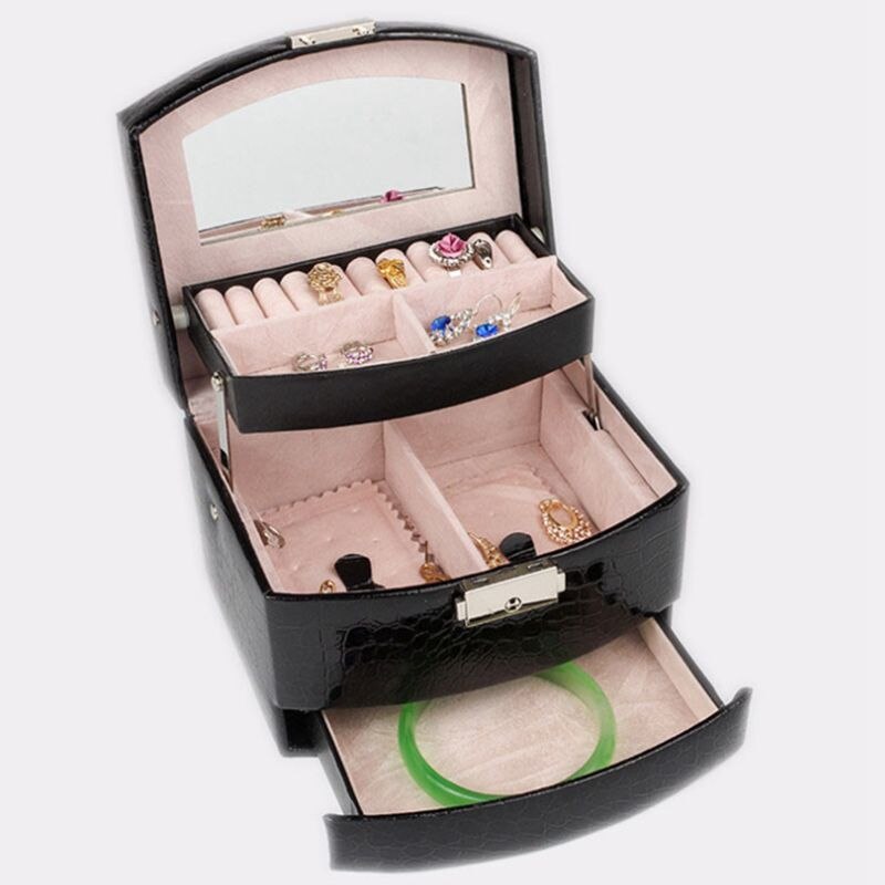Automatische leren sieradendoos met drie lagen, opbergdoos voor dames, oorbellen, cosmetica-organizer, kistje voor decoraties