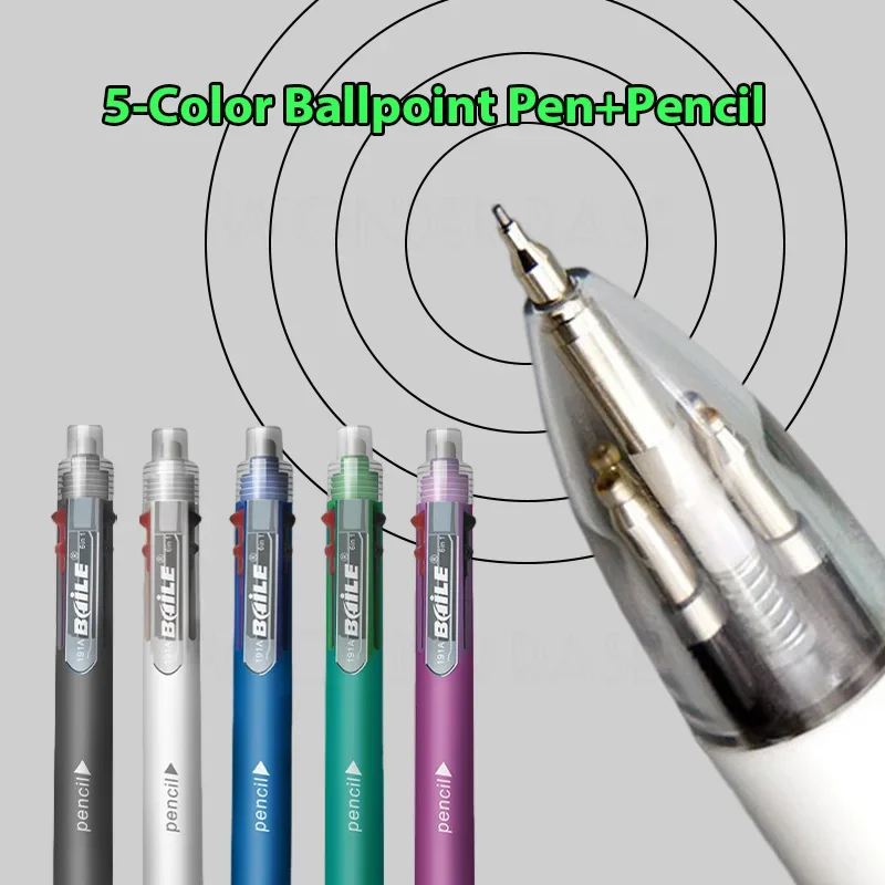 Flerfarget 6 in 1 kulepenn med påfyll stifte 5 farger rullekulepenn og 1 blyantstift multifunksjonspenn