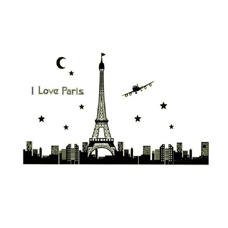 Panoramic I Love Paris Eiffel Tower Wall Sticker Quote Luminous City Night View Home Decor Decal Bedroom Fluorescent Wallpaper: Default Title