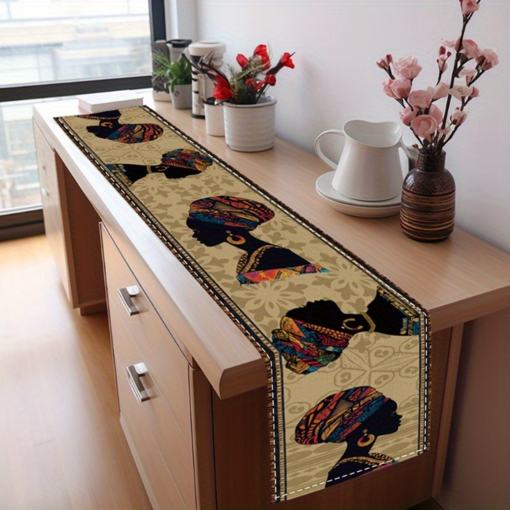 Bordlöpare med silhuett av 1pc afrikanska kvinnor - livfull afrikanskinspirerad polyesterrektangulär bordsflagga med kulturell konstnärlighet