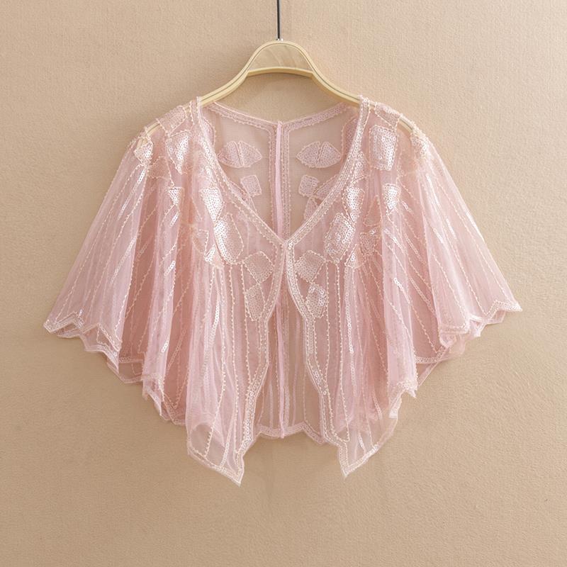 Châle de mariée , 16 couleurs, enveloppe en dentelle noire, boléro Cape courte pour femmes, paillettes scintillantes, veste d'été en dentelle noire: pink
