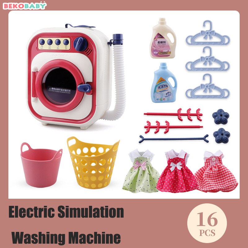 BEKOBABY 16PCS Children's Electric Washing Machine Toy Set Can Rotate And Add Water Girl Play House Puzzle Cleaning Game