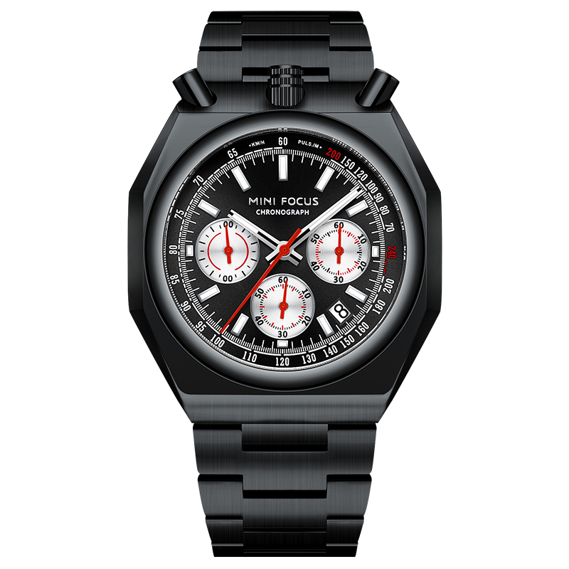 MINI FOCUS MF0601G Luxury Men Quartz Watch Waterproof Chronograph Stainless Steel Band Luminous Hands Classic Wristwatch: black