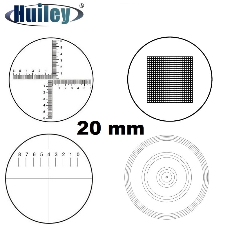 Optiskt mikroskop mikrometer diameter 20mm okular okulär kalibrering xy kors linjal rutnät koncentriska cirklar riktmedelsskala