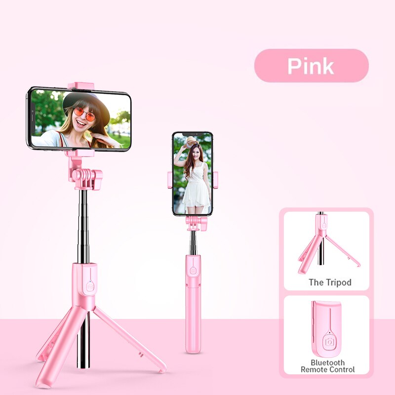 Wireless bluetooth Selfie Stick LED Ring light For iPhone X 8 Android smartphones expandable handheld monopod real-time Tripod: Pink No Light
