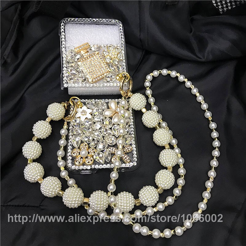 Luxury Gold Sparkle Gems Crystal Bling Hard Cases for Samsung Galaxy Z Flip 3 Flip3 Z Flip 4G/5G/ Diamond Perfume Bottle Cases: for Samsung Z Flip / perfume pearl chain