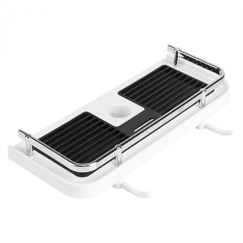 Wall Mount Pole Hanging Floating Shelf Basket with Hooks Shower Shelf Bathroom Shampoo Holder Shelving Storage Rack Organizer