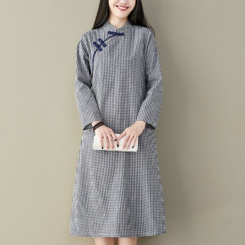 Chinese Dress full sleeve qipao dress vintage chinese style restoring cheongsam dress chinese traditional embroidery dress: blue / L