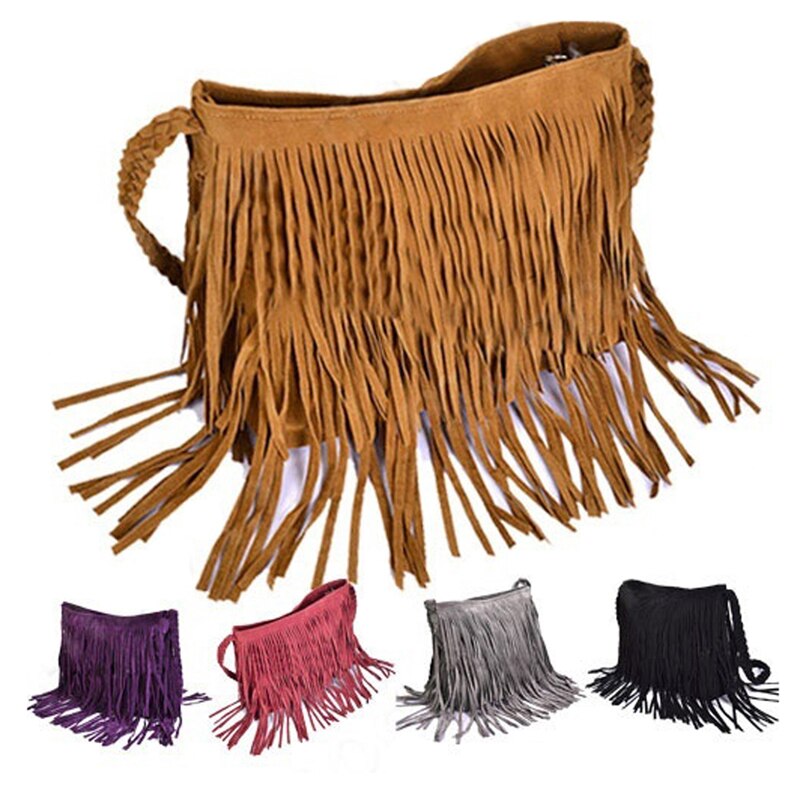 Womens Tassle Fringe Faux Suede Schouder Messenger Crossbody Handtas Portemonnee Zwart Bruin Wit
