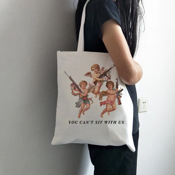 YOU CAN'T SIT WITH US Vintage Harajuku Angel Female College Canvas Shoulder Bag Casual Large Capacity White Totes