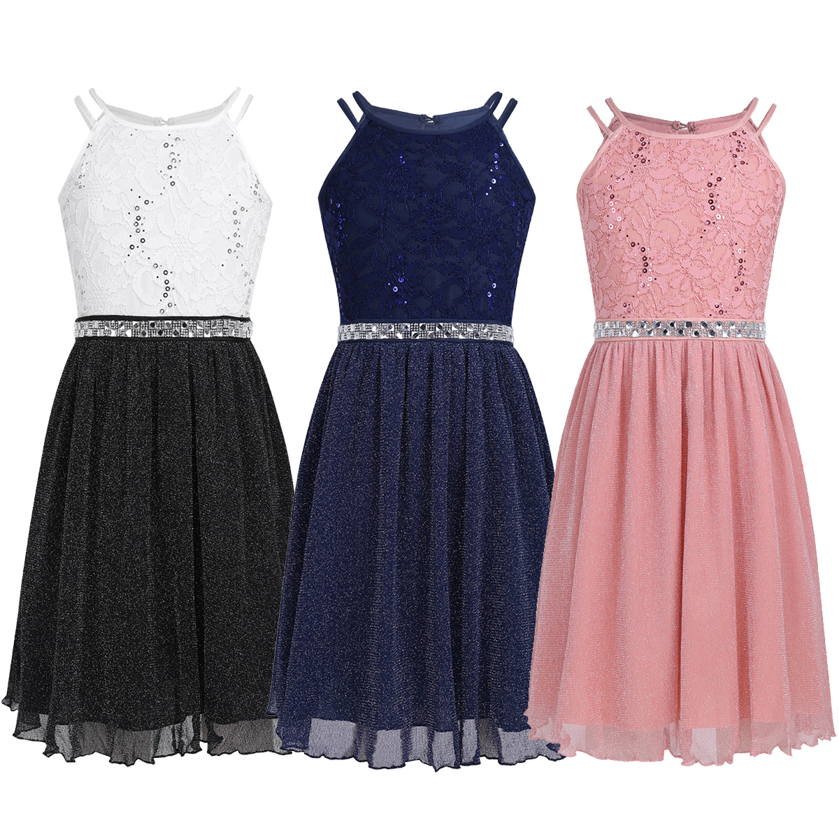 IEFiEL Nette Blume Mädchen Kleid Ärmellose Pailletten Floral Spitze Glänzenden Kleid Kinder Kinder Erste Kommunion Partei Sommer Kleider