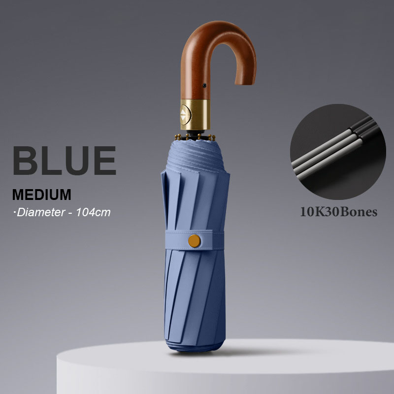 Paraguas automático de lujo reforzado para hombre, 30 huesos, resistente al viento, fuerte, 125CM, mango de madera grande, resistente al agua, para negocios: Negro