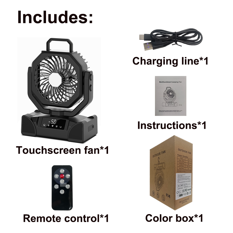 Bureauventilator met verlichting, campingventilator met verlichting, oplaadbare draagbare circulatieventilator, draadloze plafondventilator met powerbank, led-verlichting: Zwart