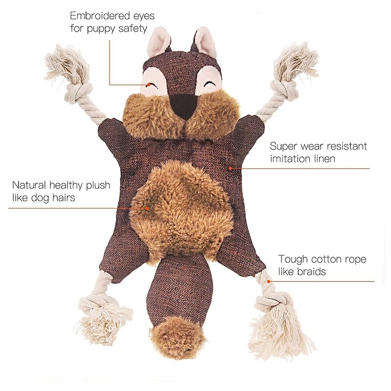 Stuffless Dog Toys for Puppy, Crinkle Squeaky Dog Chew Toys Squirrel Plush Dog Toy with Rope Knots for Small Dogs