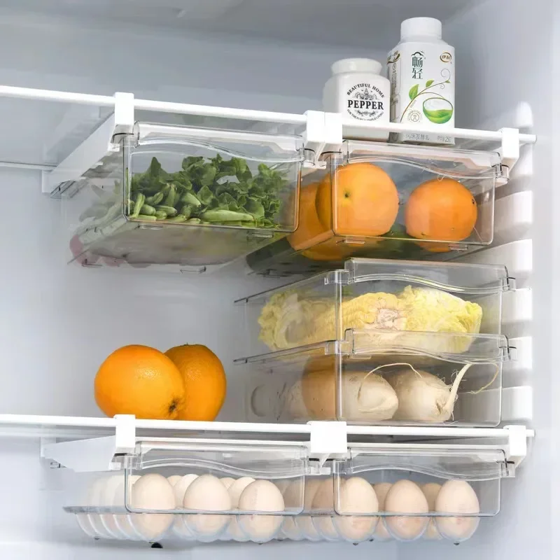 Refrigerator Drawer Plastic Clear Fridge Organizer Slide Under Shelf Drawer Box Rack Holder Kitchen Fruit Food Storage Box