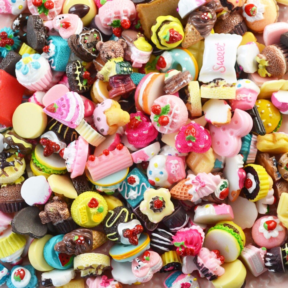 10PCS Slime Charms With Donut Food Sugar Chocolate Candy Resin Flatback of Slime Beads Cake for Ornament Phone Case Decoration