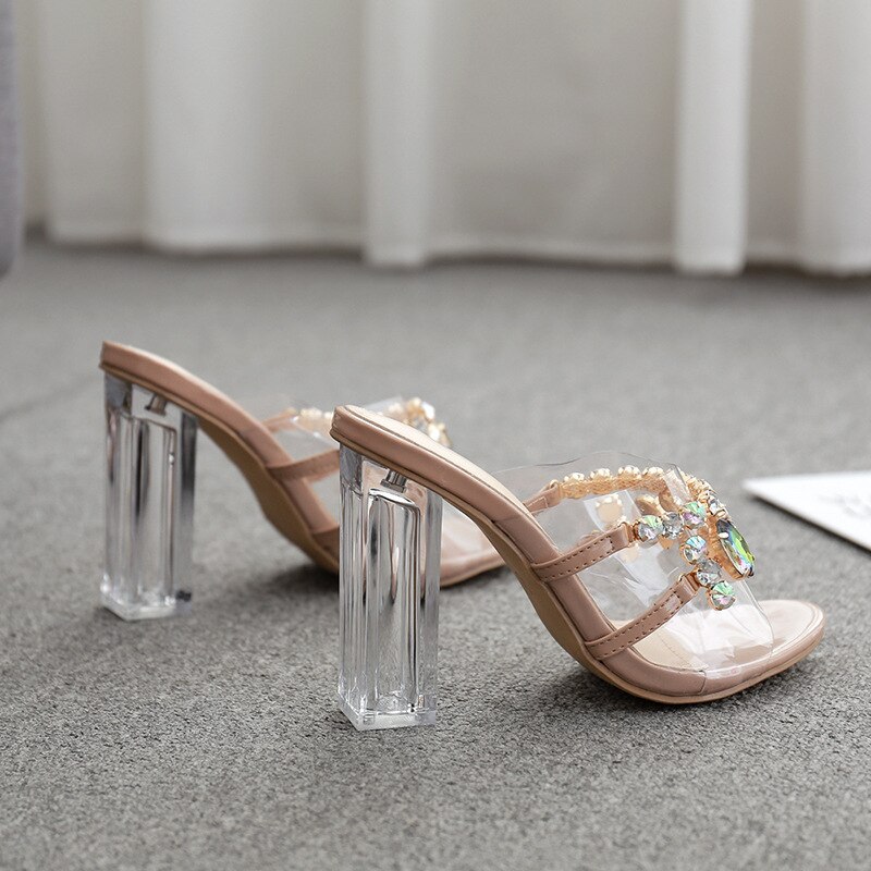 Lemai Zomer Clear Perspex Hak Vrouw Slippers Mode Transparante Diamant Kristal Sandalen Dames Partij Schoenen: beige / 41