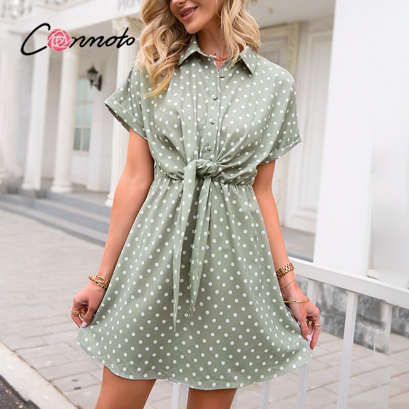 Conmoto Green Polka Dot Short Sleeve Dress style lace bat sleeve summer women dress high waist Aline short dress